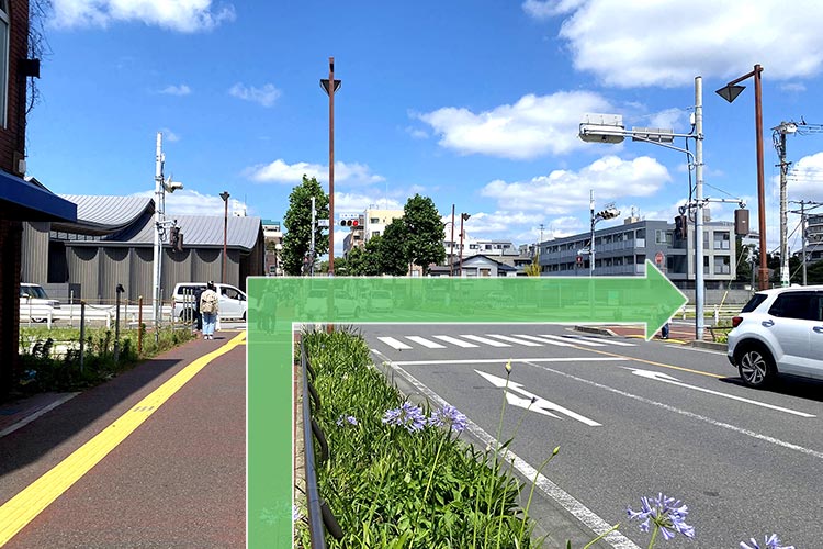 ２．学園通りを進み、緑町１丁目交差点を渡ります。正面左手にZOZO本社があり、右手の交差点を渡ります。